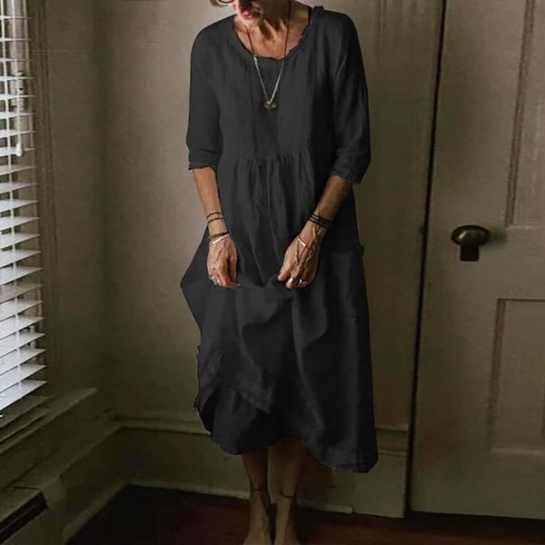 

solid color loose casual womens dress half sleeve summer o neck pocket robe femme sundress, Black;gray