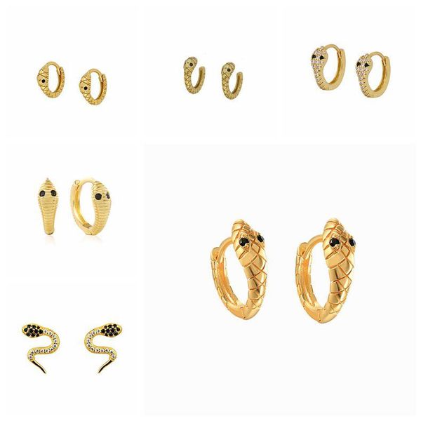 

hoop & huggie viny 925 silver snake small earrings black eyes women men simple diamond couple piercing, Golden;silver