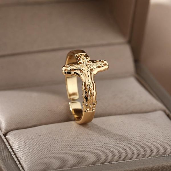 Cluster Ringe Retro Jesus Kreuz Offen Für Frauen Männer Edelstahl Gold Punk Religiöse Fingerring Vintage Design Geburtstag Schmuck Geschenk