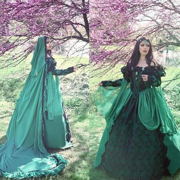 

vintage green wedding dresses long sleeves black lace applique cloak cape custom made costume wedding bridal gown tiered skirt plus size, White