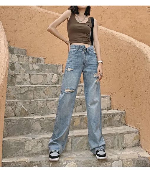 

women's jeans 2021 asymmetric high waist ripped loose straight leg pants women fashion casual streetwear baggy trousers, Blue