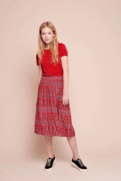 

2021 autumn new style pine cherry print viscose midi skirt lkb4, Black