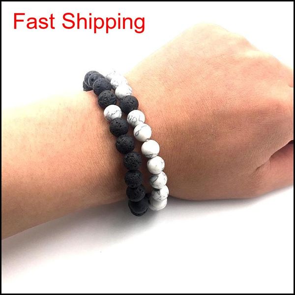 

2pcs/set 8mm white howlite stone and volcanic rock lava stone beads bracelets set for women men stretch qylzww new_dhbest, Black