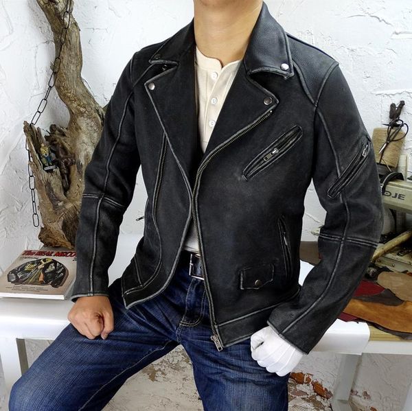 

men's leather & faux heavy 2.5kg two-color core thick old stoashed edge retro american khaki make coat, Black