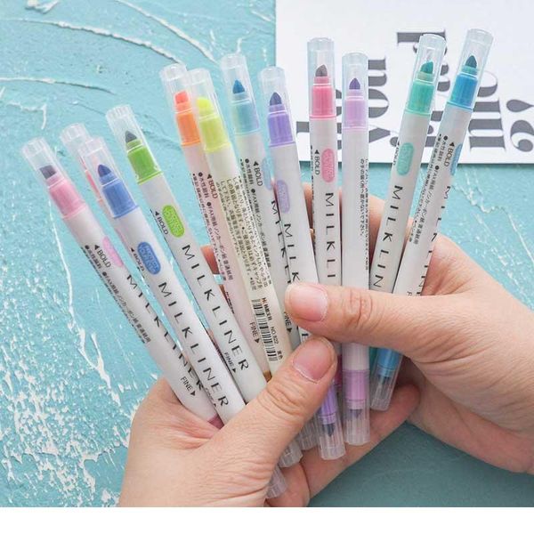 

12 colors/set cute milk liner pens highlighter dual double headed fluorescent pen drawing marker pen stationery schoo qylyyw