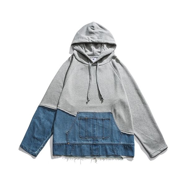 

ds men's new spring 2020 raw edge denim splicing sweater contrast hip hop fashion hoodie loose top, Black