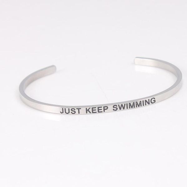 

bangle stainless steel bar engraved positive inspirational just keep swimming mantra bracelet for women men who love, Black