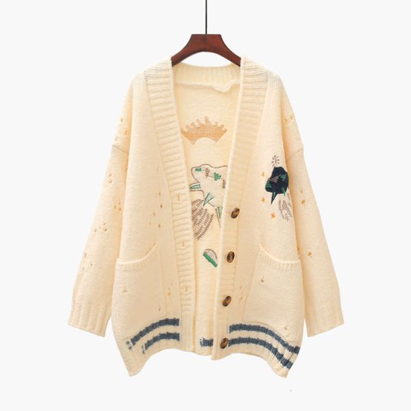 

cartoon pattern pocket sweater coat autumn 2020 new student loose embroidery v-neck knitted cardigan, White;black
