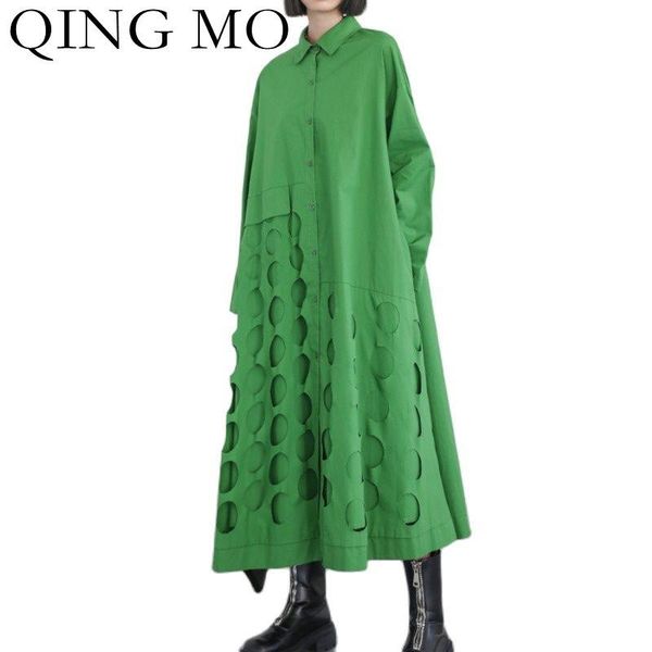 

casual dresses qing mo autumn fashion long sleeve dress loose and thin hole hollow 2021 trend shirt black green zwl503, Black;gray
