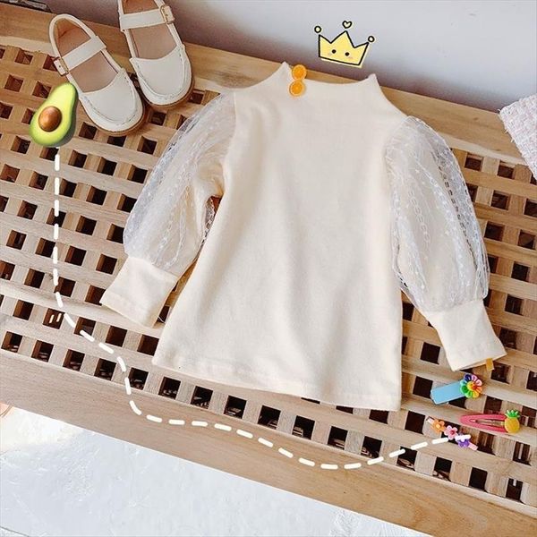 

girls bottoming shirt spring childrens western style t wooden ears female baby lace long sleeved top, Blue