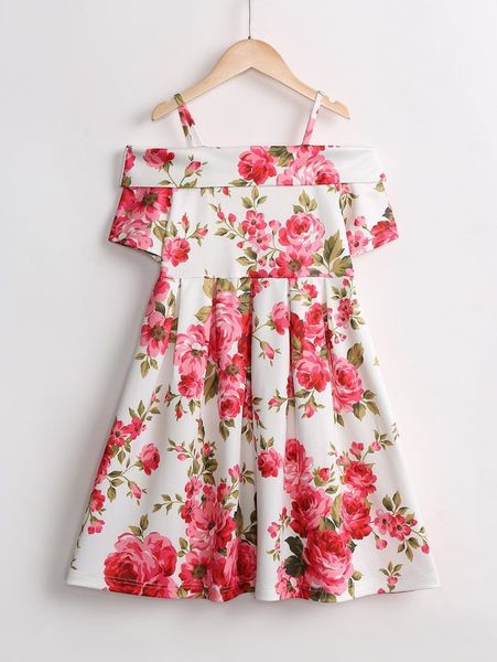 

girls floral print cold shoulder dress she, Red;yellow