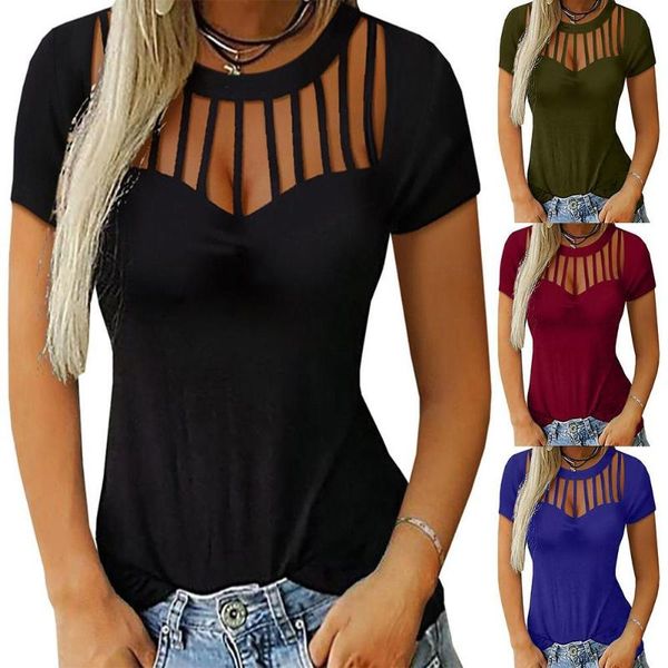 

women's t-shirt women solid color o neck short sleeve hollow out bottoming slim, White