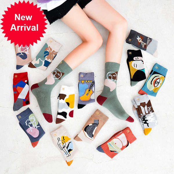 

3 piars/pack 2021 autumn new crew socks women cotton cool contrasting color graffiti character streetwear size 36-407pf4, Black;white