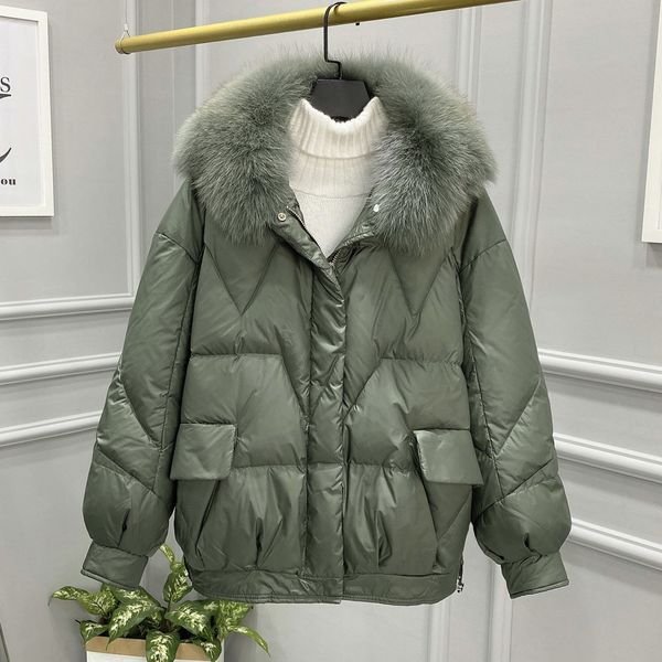 

2021 new winter women thick warm large natural fur collar hooded coat 90% white duck down parka loose ladies snow outwear isb9, Black