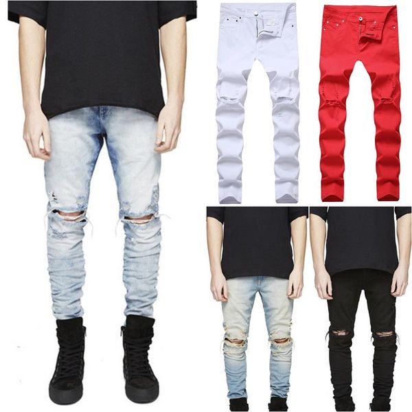 

men's jeans high streer fashion hole solid slim casual summer autumn male ripped skinny trousers biker outwears pants plue size, Blue