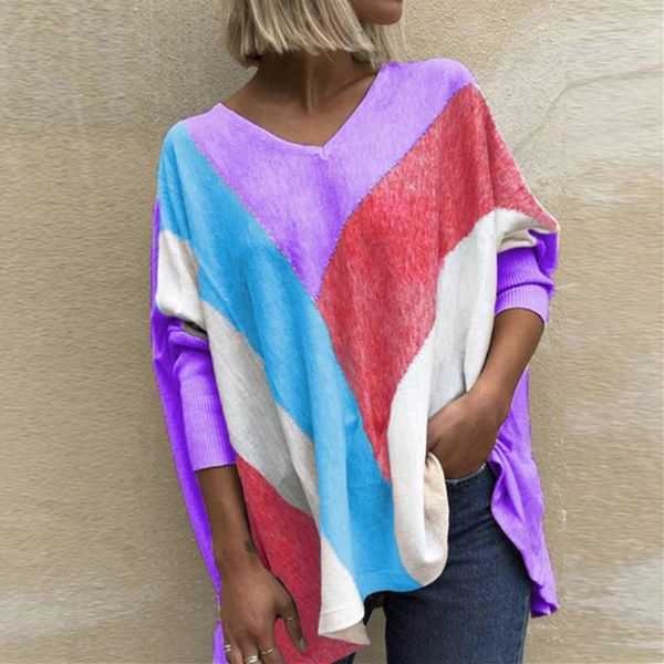 

women's t-shirt loose long sleeve stripe shirts casual v-neck plus size oversized asymmetrical streetwear print spring autumn clothing, White