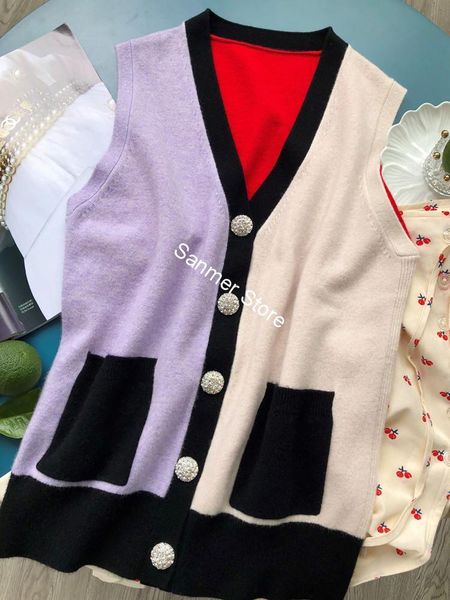 

2021 new 100% l feminino colete cor combinando cristal flor fivela de malha cardigan duplo poackets malhas s uww3, White;black