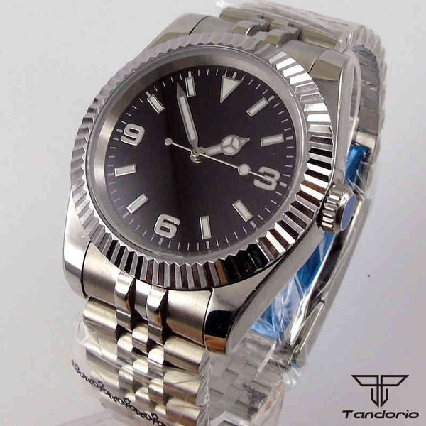 

movement 36mm tandorio miyota 8215 gentlemen's watch black iron plate saffierglas date steel bracelet, Slivery;brown