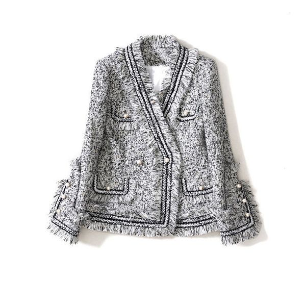 

2021 new jacket luxury runway autumn winter slim tweed for women v neck tassels fashion ladies jackets coat drrr, Black;brown