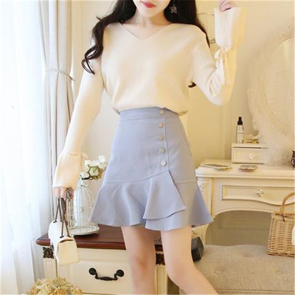 

2021 new fashion suit women lace up flare sleeve v neck knitted pullover sweater and mermaid mini skirt two piece set k260tt6t, Black;gray