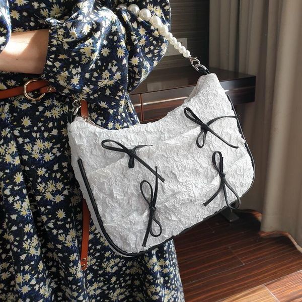 

shoulder bags vintage women folds bowknot baguette purse handbags pearl chain ladies hobos underarm bag female girls messenger