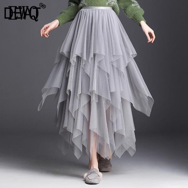 

skirts [deat] 2021 spring korean style fashion wild irregular hem stitching long solid color mesh women's summer skirt qg193, Black