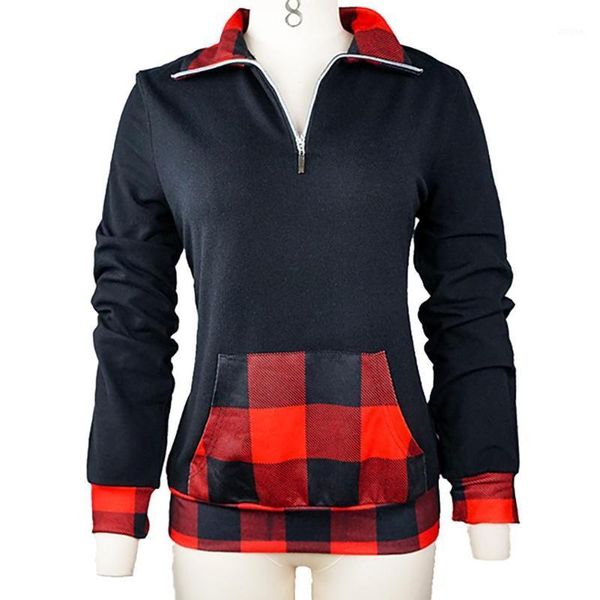 

women's sweaters autumn fashion women long sleeve plaid patchwork pocket zip pullover blouse sweatshirt, White;black