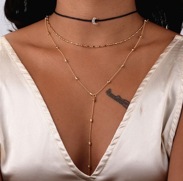 

f330 necklace, simple and fashionable, moon pendant, three-layer necklace, Silver