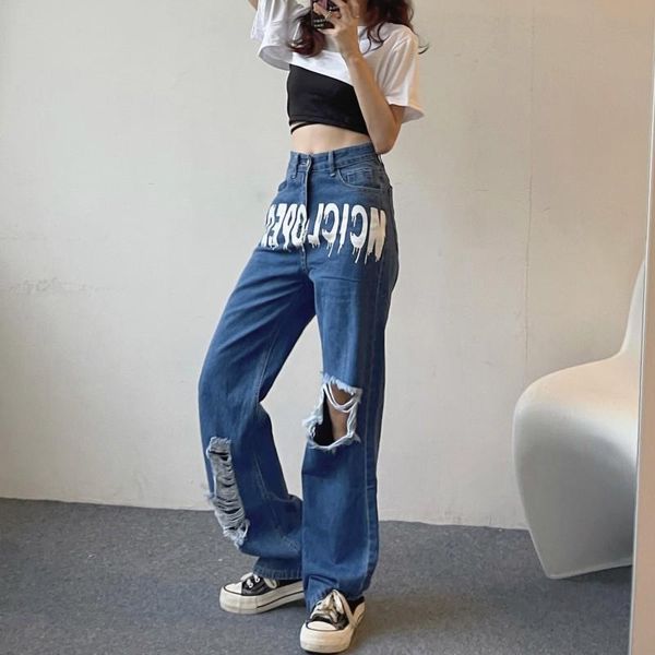 

women's jeans y2k vintage letter print casual loose hole ripped for women streetwear high wasit jean trousers blue denim pants wide leg