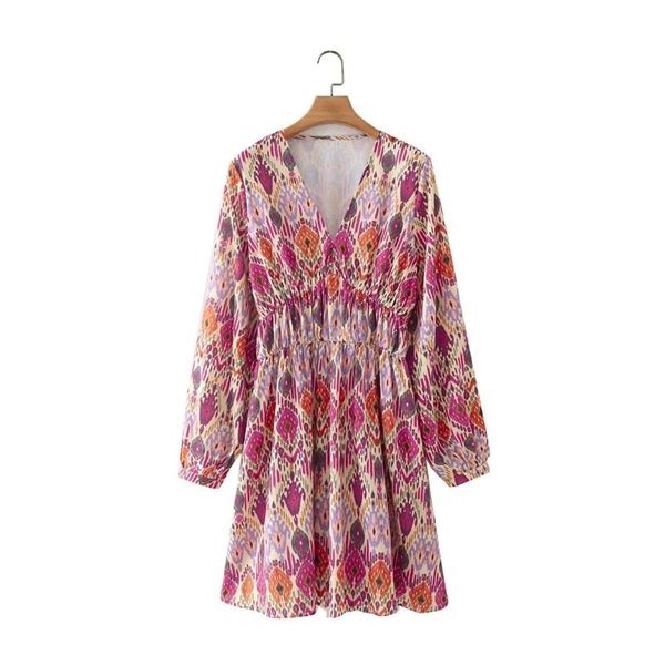 

casual dresses women geometric print v neck elastic waist mini dress female long sleeve clothes lady loose vestido d8521, Black;gray