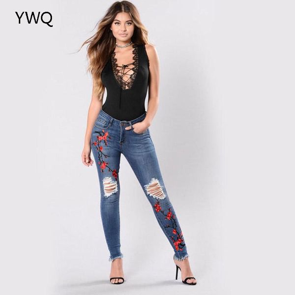 

flower embroidered high elastic denim women's jeans skinny ripped rose pants full length slimming fashion hole lady trousers, Blue