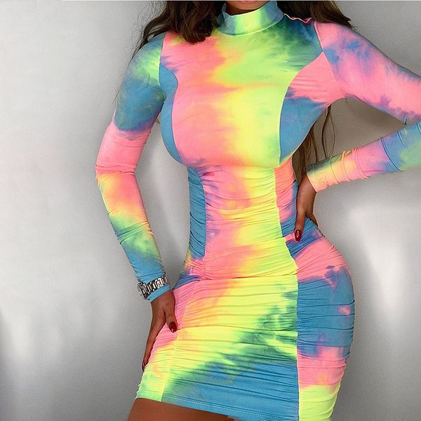

tie dye ruched casual dress women long sleeve turtleneck streetwear skinny dresses fashion bodycon dress female robes, Black;gray