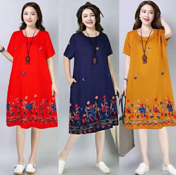 

summer women's dress ethnic style tencel cotton medium length loose casual embroidered travel beach skirt, Black;gray