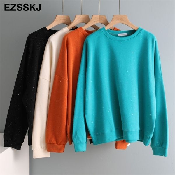 

shiny spring autumn loose hooded two piece set women tracksuits bling solid color sweatshirts female shorts elastic waist 201103, Black