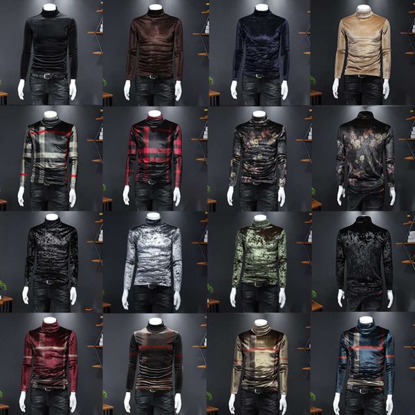 

autumn and winter high collar long sleeve handsome men's velvet trend printed korean personalized plaid t-shirt, White;black