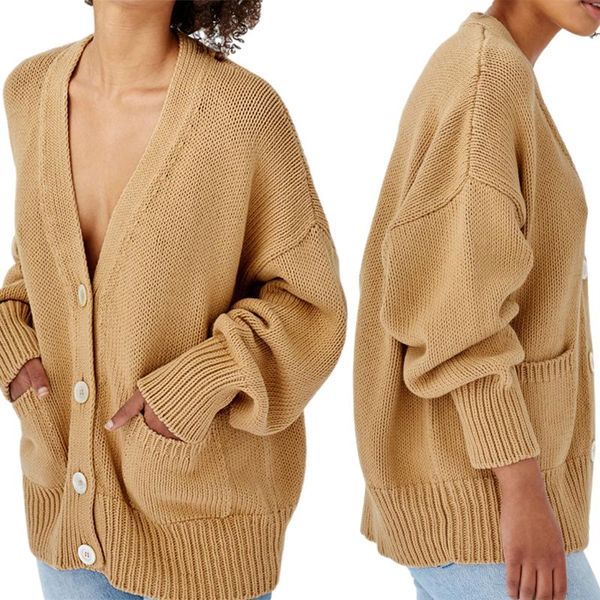 

women's knits & tees ladies spring autumn v-neck knitwear, girls leisure style solid color long sleeve knitted coat loose single-breast, White