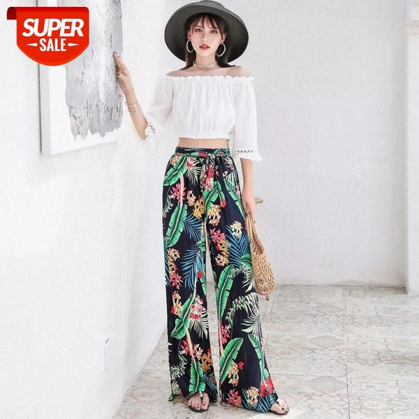 

new cotton silk wide-leg pants women's summer thin printed beach pants with pockets loose long trousers pantalones de mujer #lt1v, Black;white