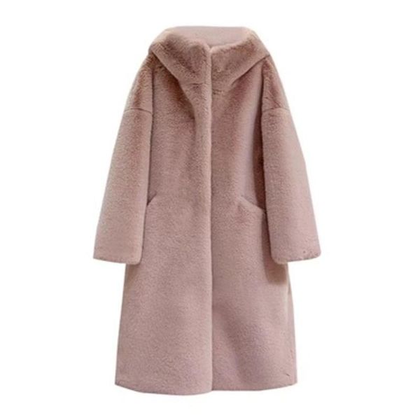 

women's wool & blends pele do falso casacos casuais de lÃ£ sÃ³lida senhoras bolso grosso quente outwear feminino outono inverno solto mul, Black