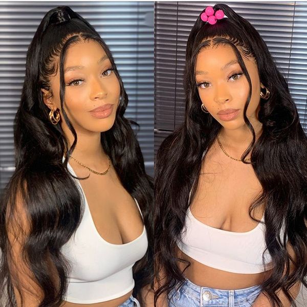 

2021 new body wave 13x4 front wigs pre plucked with baby hair brazilian human hair long lace frontal wigs for black women, Black;brown