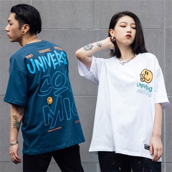 

cotton for men 2021 summer trendy style funny face printed short sleeve men's high street loose t-shirt ay9w, White