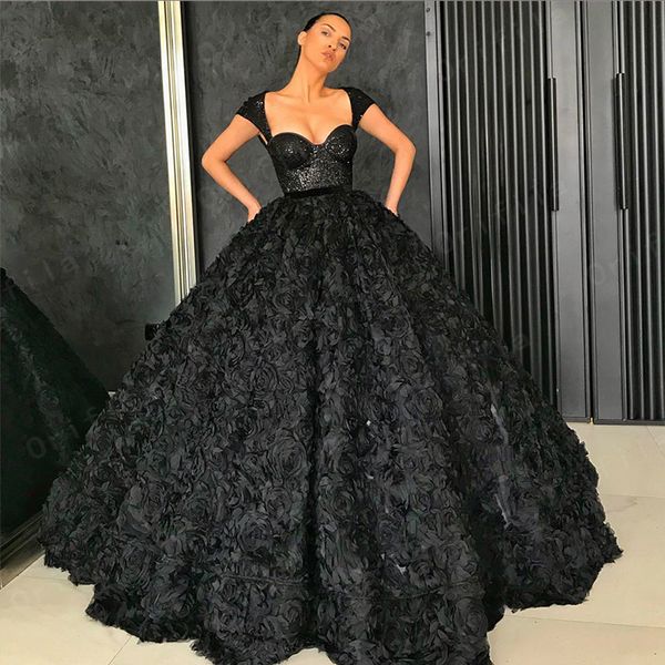 Schwarze Ballkleid-Abschlussballkleider 2021, 3D-Rosenblumen, Pailletten, Spitzenoberteil, Dubai-Partykleider, schwarzes Mädchen-Quinceanera-Kleid