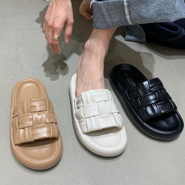 

slippers summer flats with flip flops shoes 2021 fashion weave sandals female slides outside ladies casual, Black