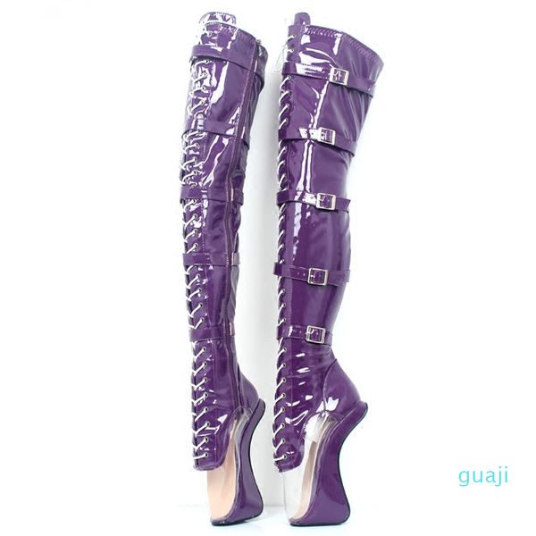 

18cm high hoof heel lace-up transparent pointed toe over-the-knee thigh high ballet boot for fetish heelless boots shoes, Black