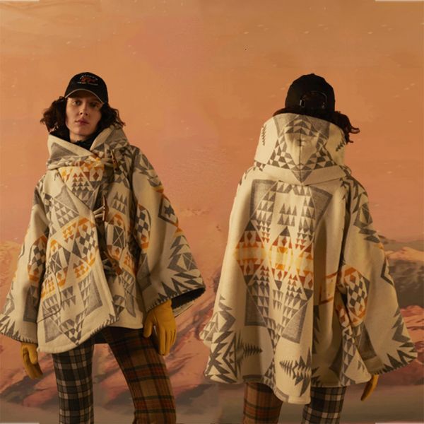 

2021 luxury warm outerwear lady jackets vintage geometric print wool blends winter womens elegant cloak short cape coat n8nl, Black