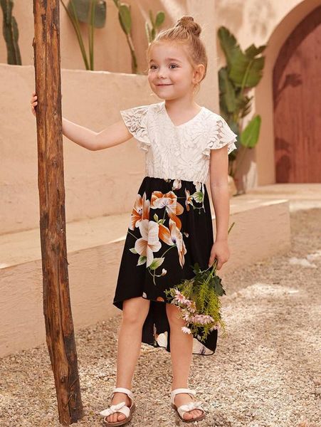 

toddler girls 1pc floral print butterfly sleeve high low hem dress she, Red;yellow