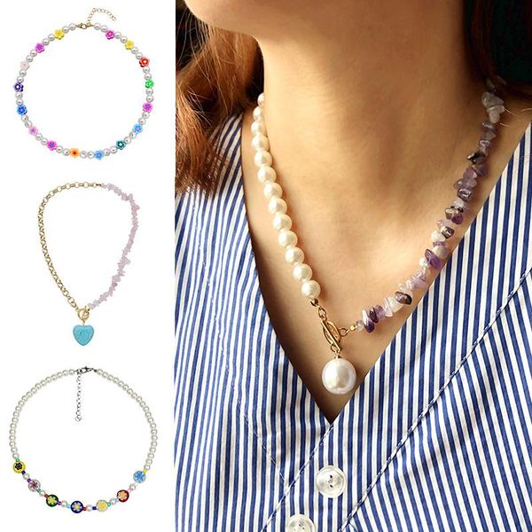 

chains korean bohemian imitation pearl necklace for women sweet girls choker multicolor flower beads jewelry, Silver