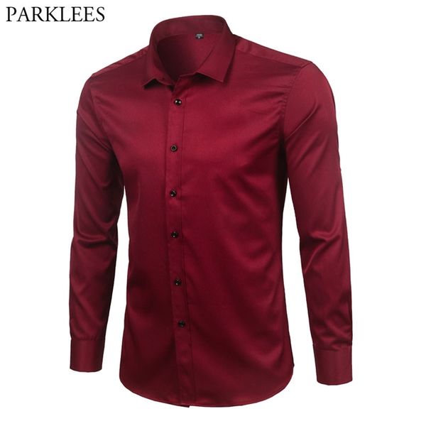 Marke Weinrot Bambusfaser Herrenhemden Slim Fit Langarm Chemise Homme Casual Button Down Elastic Formal Male Shirt 210708