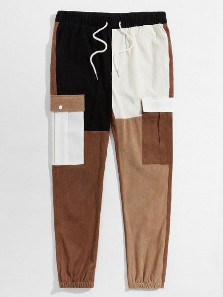 

men drawstring waist colorblock cargo pants a15e#, Black