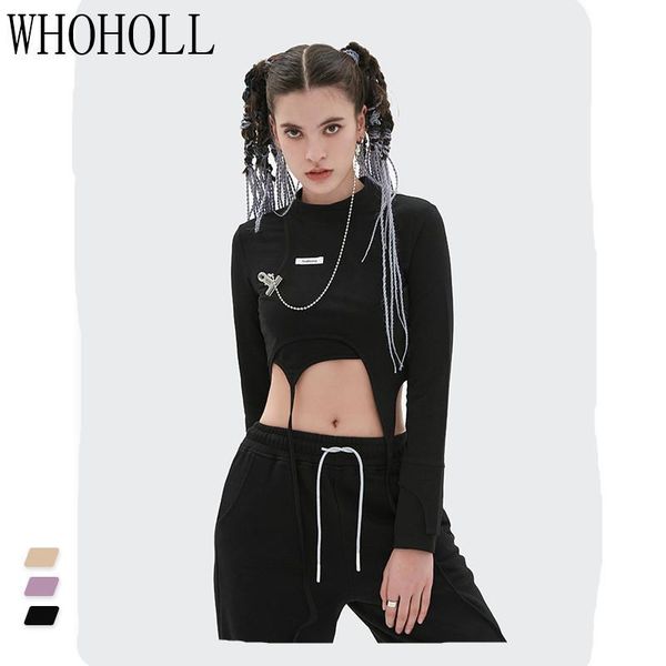 

women's t-shirt inf clothing - spring / summer 2021 personalized tailoring bandage short open navel stand collar long sleeve, White