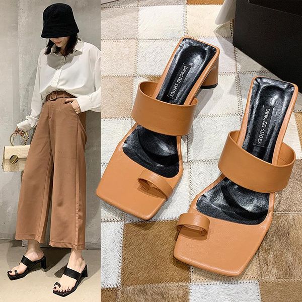 

2021 summer new women slippers open toe solid color sandal flip flops slippers fashion high heel women shoes, Black